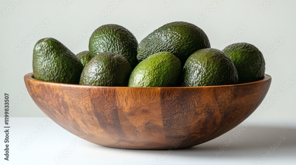 Poster Isolated of an assortment of avocados with varying sizes and shapes displayed in a wooden bowl against white Stock Photo with side copy space