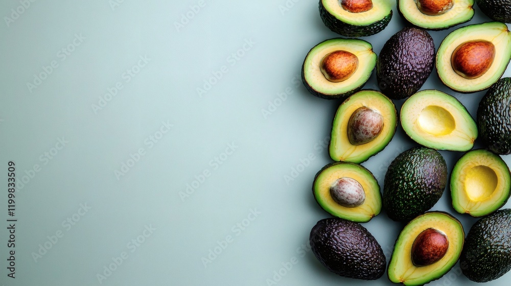 Poster Isolated of a pile of avocados with a mix of whole and halved pieces arranged on a white background Stock Photo with side copy space