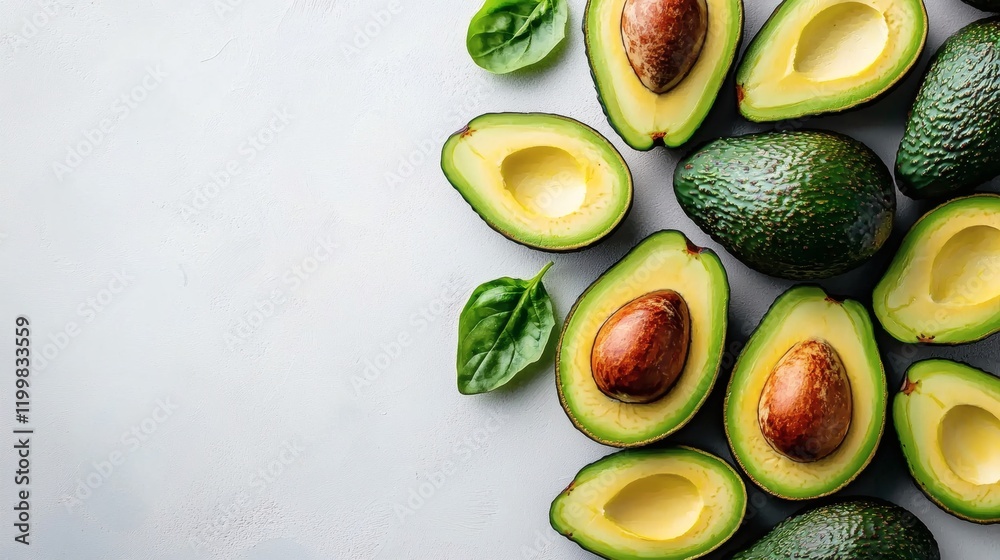 Aufkleber isolated of a pile of avocados with a mix of whole and halved pieces arranged on a white background 