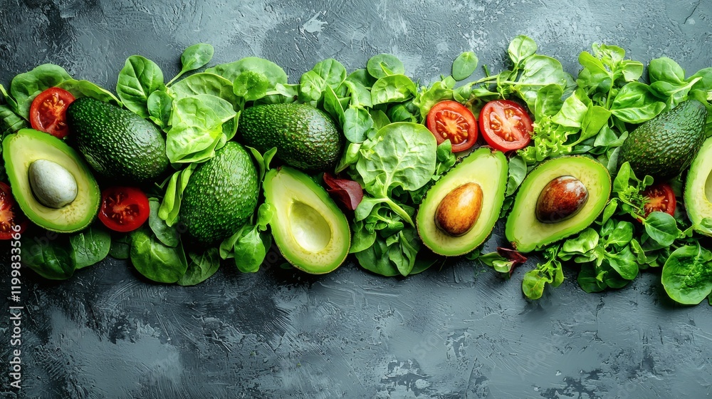 Poster Isolated of a pile of avocados with a mix of whole and halved pieces arranged on a white background Stock Photo with side copy space