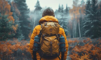 A man with a backpack travels through the forest.