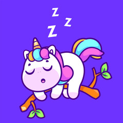 Fototapeta premium Unicorn sleeping on a tree branch with a minimalist purple background.