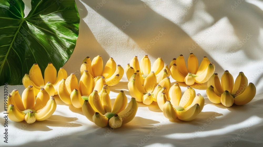 Poster isolated of a bunch of bananas with a natural yellow tone on a seamless white background stock photo