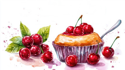National Cherry Dessert Day Delicious cherry tart with fresh cherries and leaves in watercolor artwork