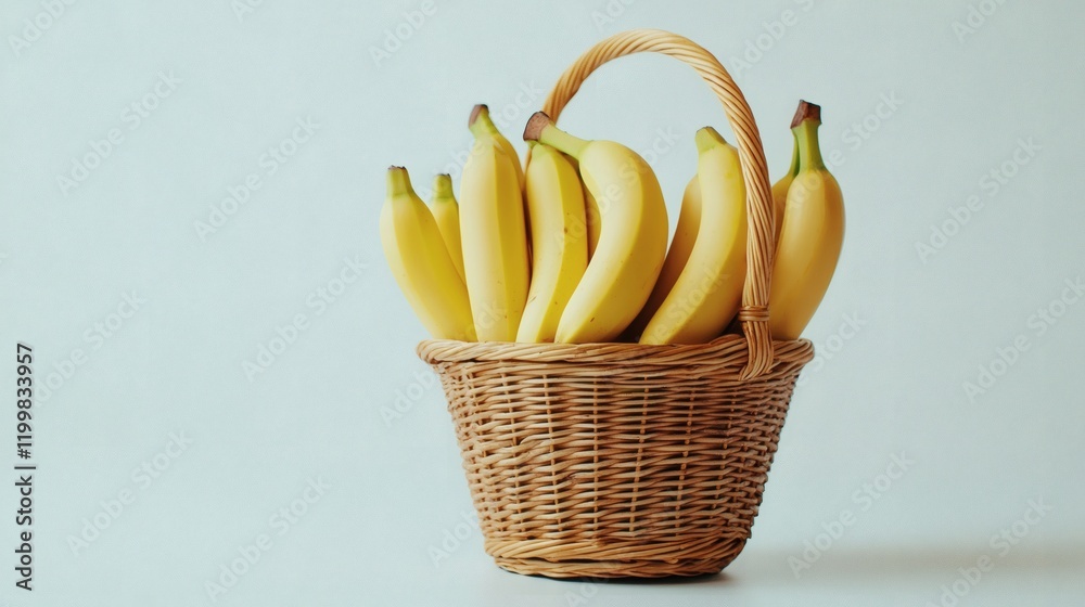 Poster Isolated of a group of bananas neatly arranged in a wicker basket on a white background Stock Photo with side copy space