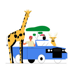 Safari Adventure With Giraffe, Deer, Toucan, And Male Tourist In Vehicle, Flat Vector Illustration Symbolizing Wildlife Exploration And Outdoor Travel, Isolated On White Background.
