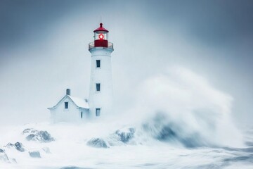A snow-capped lighthouse standing tall against a stormy winter sea, with waves crashing onto the icy shore