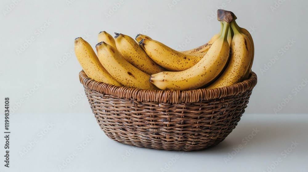 Poster Isolated of a group of bananas neatly arranged in a wicker basket on a white background Stock Photo with side copy space