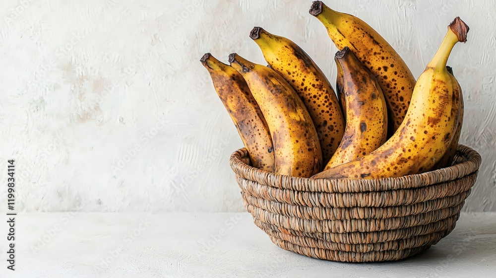 Poster Isolated of a group of bananas neatly arranged in a wicker basket on a white background Stock Photo with side copy space