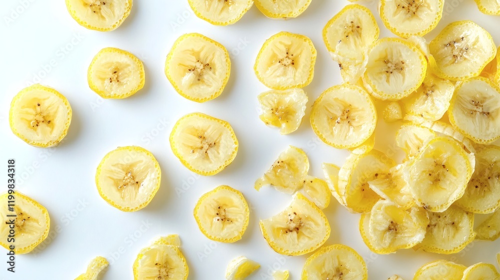 Aufkleber isolated of a sliced banana with clean even cuts and scattered pieces displayed on white stock photo