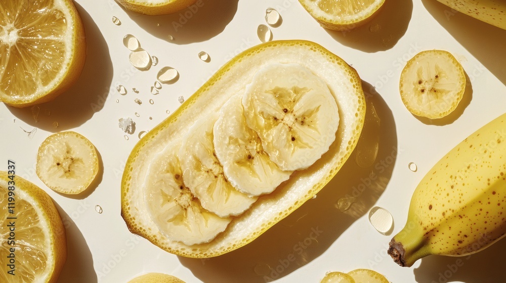 Aufkleber isolated of a sliced banana with clean even cuts and scattered pieces displayed on white stock photo