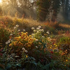Fototapeta premium Sunlight filters through trees illuminating vibrant wildflowers in a serene meadow at dawn. Generative AI