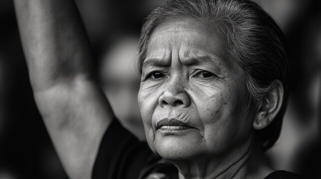 EDSA People Power Commemoration Week Pensive elderly asian woman in black and white portrait