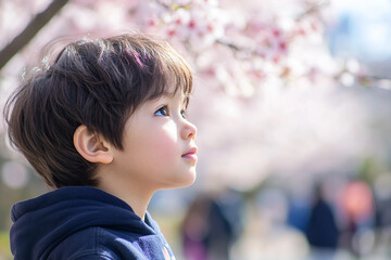 Naklejka premium Generative AI artwork of a cute Japanese child enjoying the vibrant spring blossoms in a serene park setting