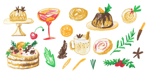 Christmas food clip art drawn with wax crayons on white isolated background. Children's Christmas New Year collection of oil pastel illustrations.