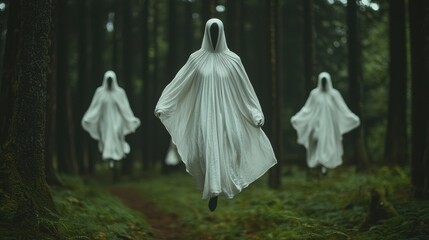 Ethereal Figures in White Robes Floating in Mystical Forest
