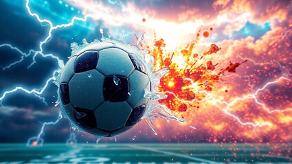 Fototapeta premium Flying soccer ball with cosmic storm, lightning, fire and ice, dramatic sky and dark football stadium background. Generative AI