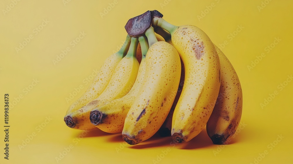 Poster isolated of a cluster of bananas with vibrant yellow hues and natural imperfections highlighted stoc