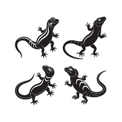 set of lizard silhouette, black and white silhouette, vector and illustration