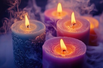 Grouped Lit Candles Close Up