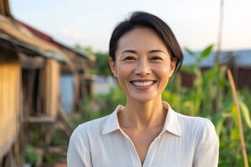 Smiling woman stands in rural setting surrounded by lush greenery and wooden huts during evening light