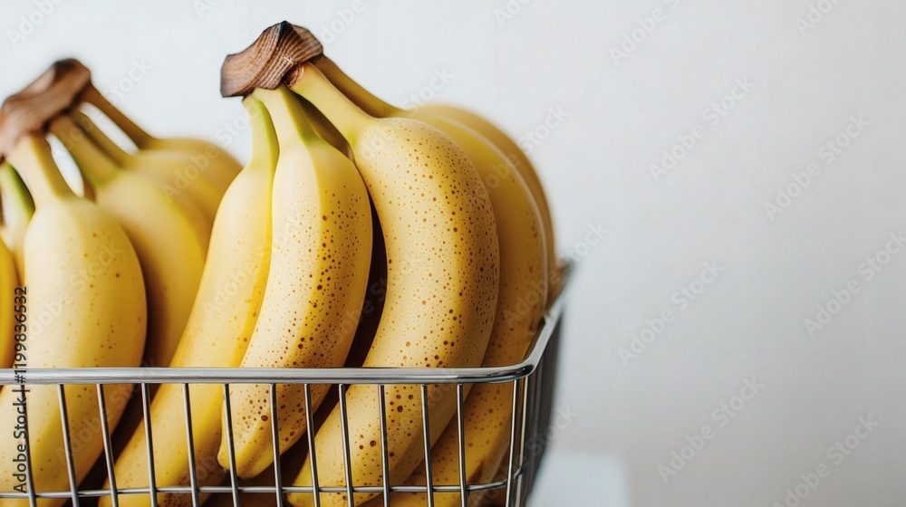 Poster isolated of a banana bunch presented in a metal basket with clean white background contrast stock ph