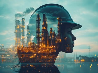 Double exposure of engineer in safety helmet portrait Capturing back view with oil plant