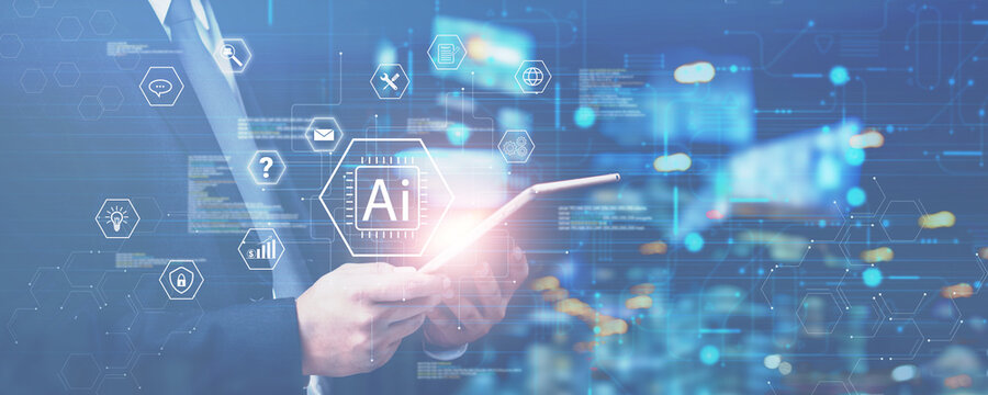 Business using AI technology to analyze data and generate insights with digital systems. artificial intelligence, cybersecurity, and IoT networks for secure communication and information processing.