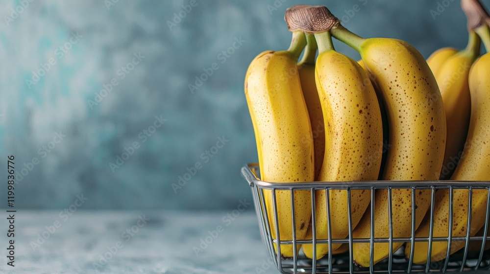 Poster isolated of a banana bunch presented in a metal basket with clean white background contrast stock ph