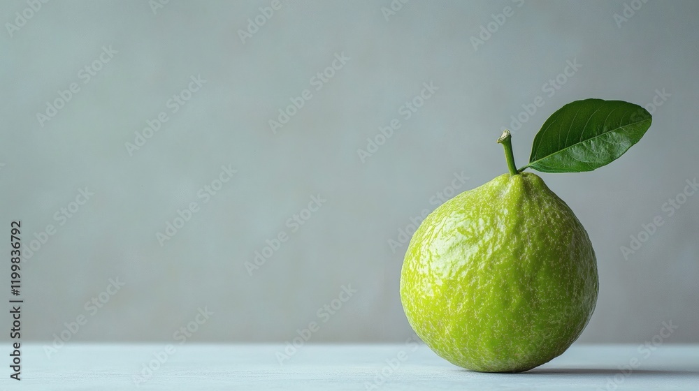 Poster Isolated of a single green guava with smooth skin and a small stem placed on a plain white background Stock Photo with side copy space