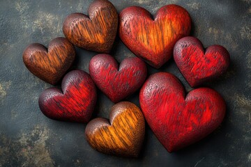 Fototapeta premium Colorful wooden hearts arranged in a decorative pattern on a textured surface