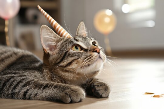 Cute cat wearing a unicorn horn lies on the floor in a festive room with balloons during a celebration
