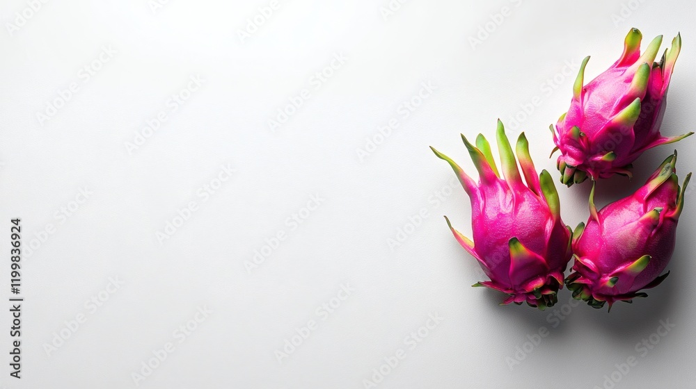 Poster isolated of a vibrant pink dragon fruit with its green spikes highlighted on a seamless white backgr