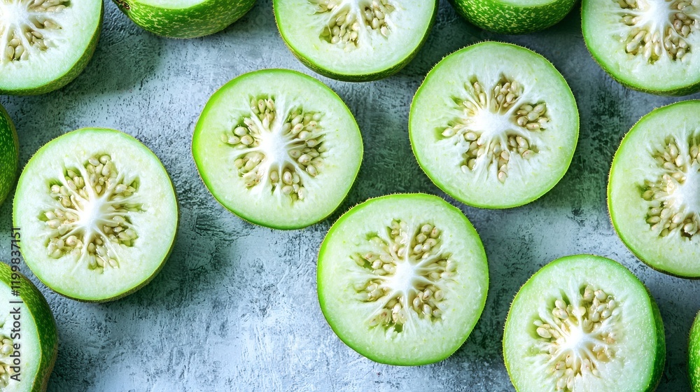 Poster isolated of guavas sliced to reveal the juicy white interior with seeds displayed on a clean white s