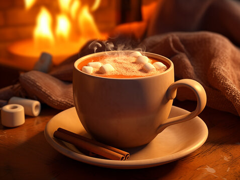 A cozy and inviting scene featuring a mug of rich, steaming hot chocolate isolated on a warm-toned background