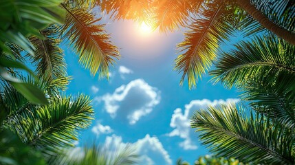 Naklejka premium Sunlight filters through palm leaves in a tropical landscape under a clear blue sky