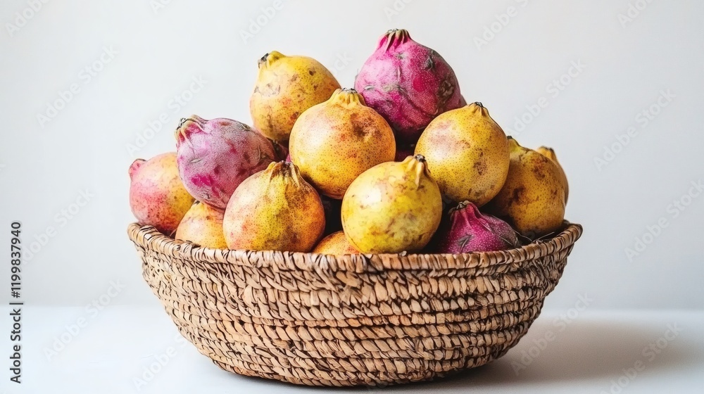 Poster isolated of guavas and dragon fruits arranged in a woven basket placed centrally on a white backgrou