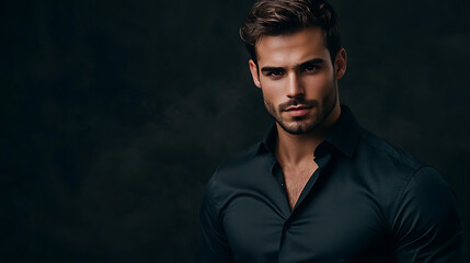 Fototapeta premium Styled Man in Dark Shirt with Beard & Lighting