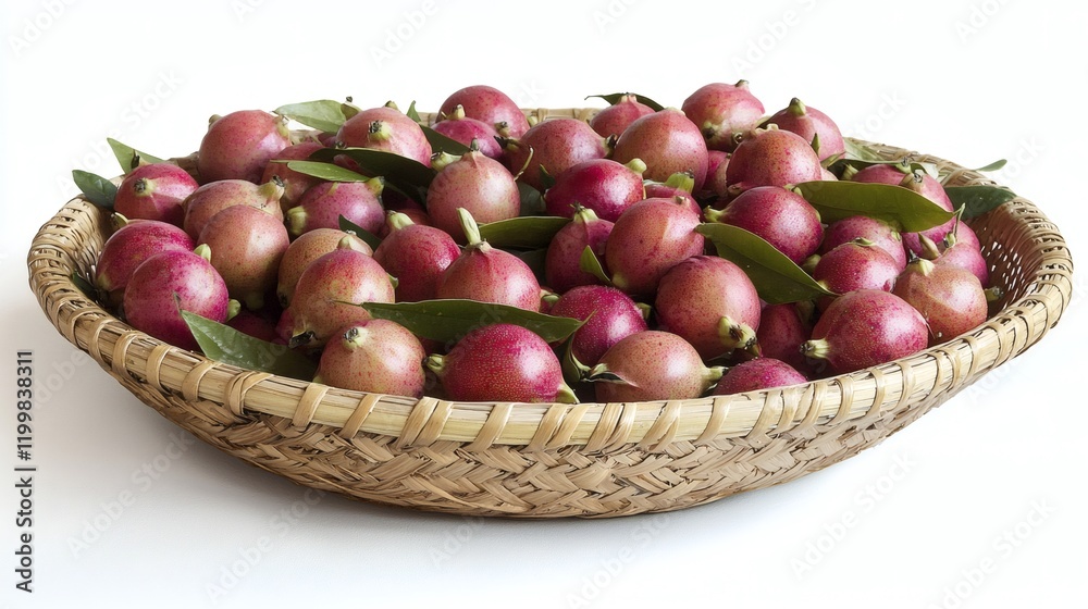 Poster isolated of guavas and dragon fruits arranged in a woven basket placed centrally on a white backgrou