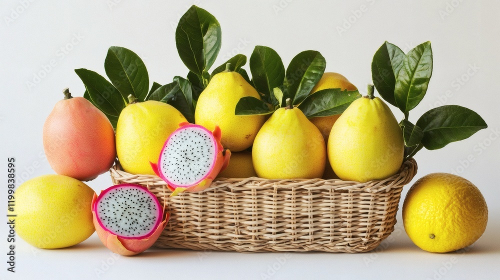 Poster isolated of guavas and dragon fruits arranged in a woven basket placed centrally on a white backgrou