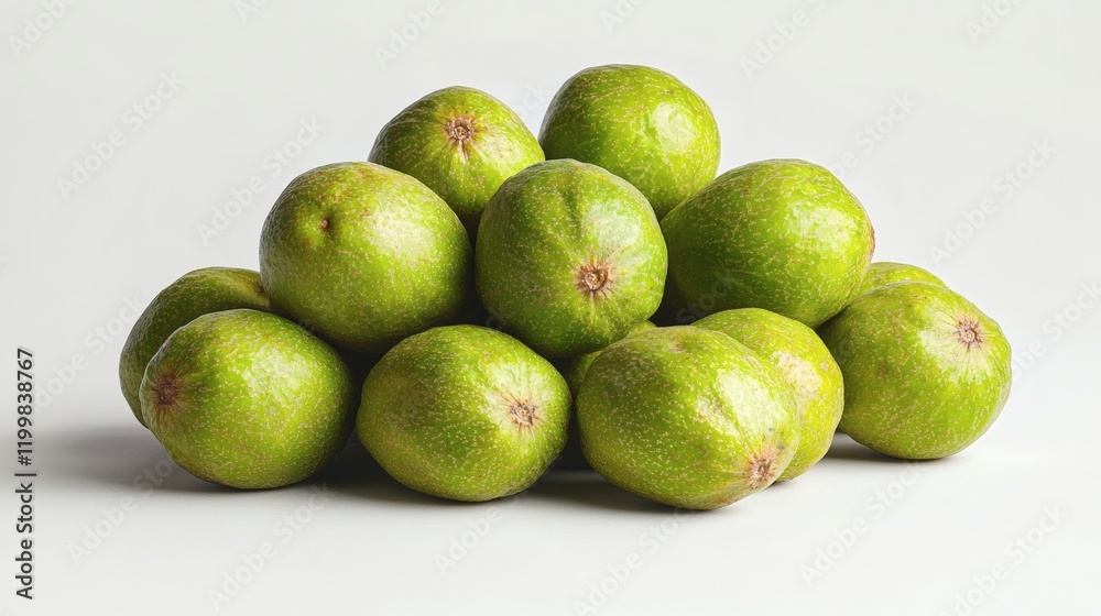 Poster isolated of fresh guavas with natural imperfections grouped together on a plain white surface stock 