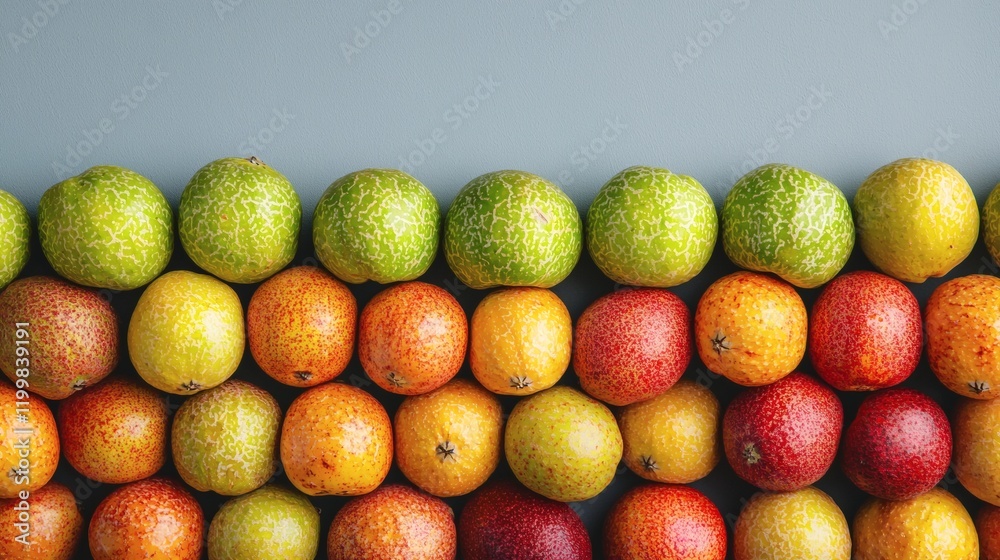 Poster isolated of fresh guavas with natural imperfections grouped together on a plain white surface stock 