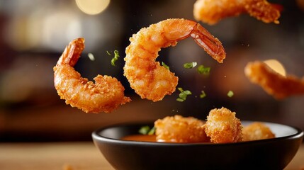 A vibrant image of crispy fried shrimp being served in a bowl, showcasing a delicious seafood dish with a blurred background.