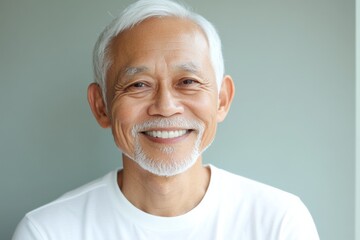 Obraz premium Older man with a warm smile sitting against a neutral background in a bright room during morning hours