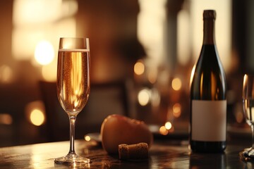Elegant champagne glass on a table with a bottle and fruit during a romantic sunset gathering