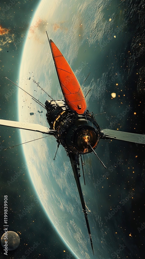 Wall mural damaged spaceship orbits distant planet in space