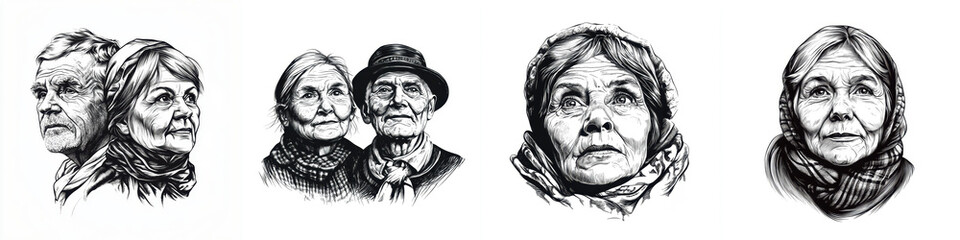 Elderly Estonian people portraits in pencil drawing style, showcasing emotions