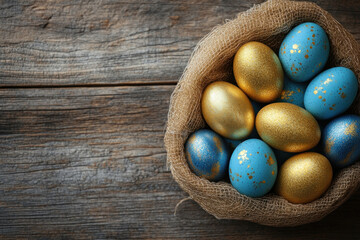 Easter eggs in a basket on a wooden table.