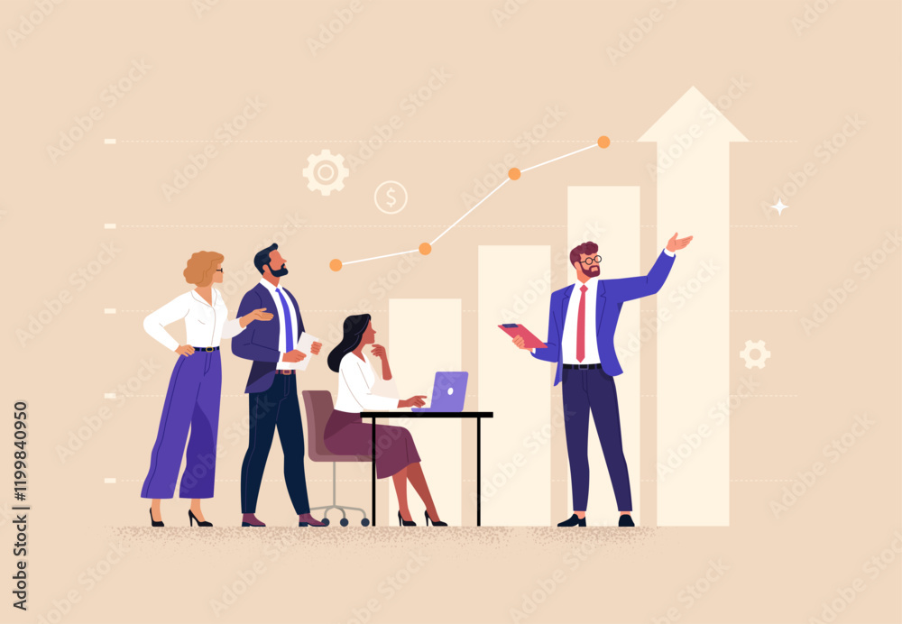 Poster business planning concept. contemporary flat style vector illustration of a man in a business suit p