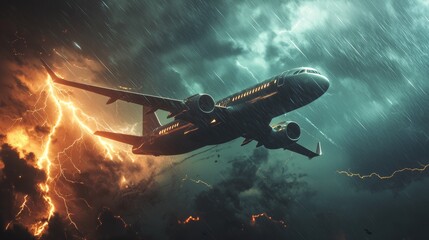Fototapeta premium Aircraft navigating through a severe thunderstorm with lightning and dark clouds in the sky